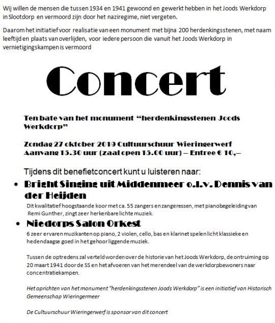 Concert ten bate van herdenkingsstenen Joods Werkdorp